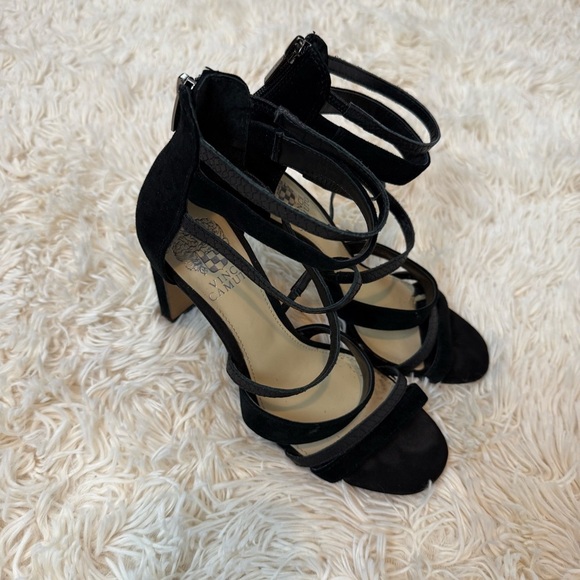 VINCE CAMUTO black Suede Strappy Ankle Zip half block Heels SZ 7.5 sexy leather - Picture 1 of 9